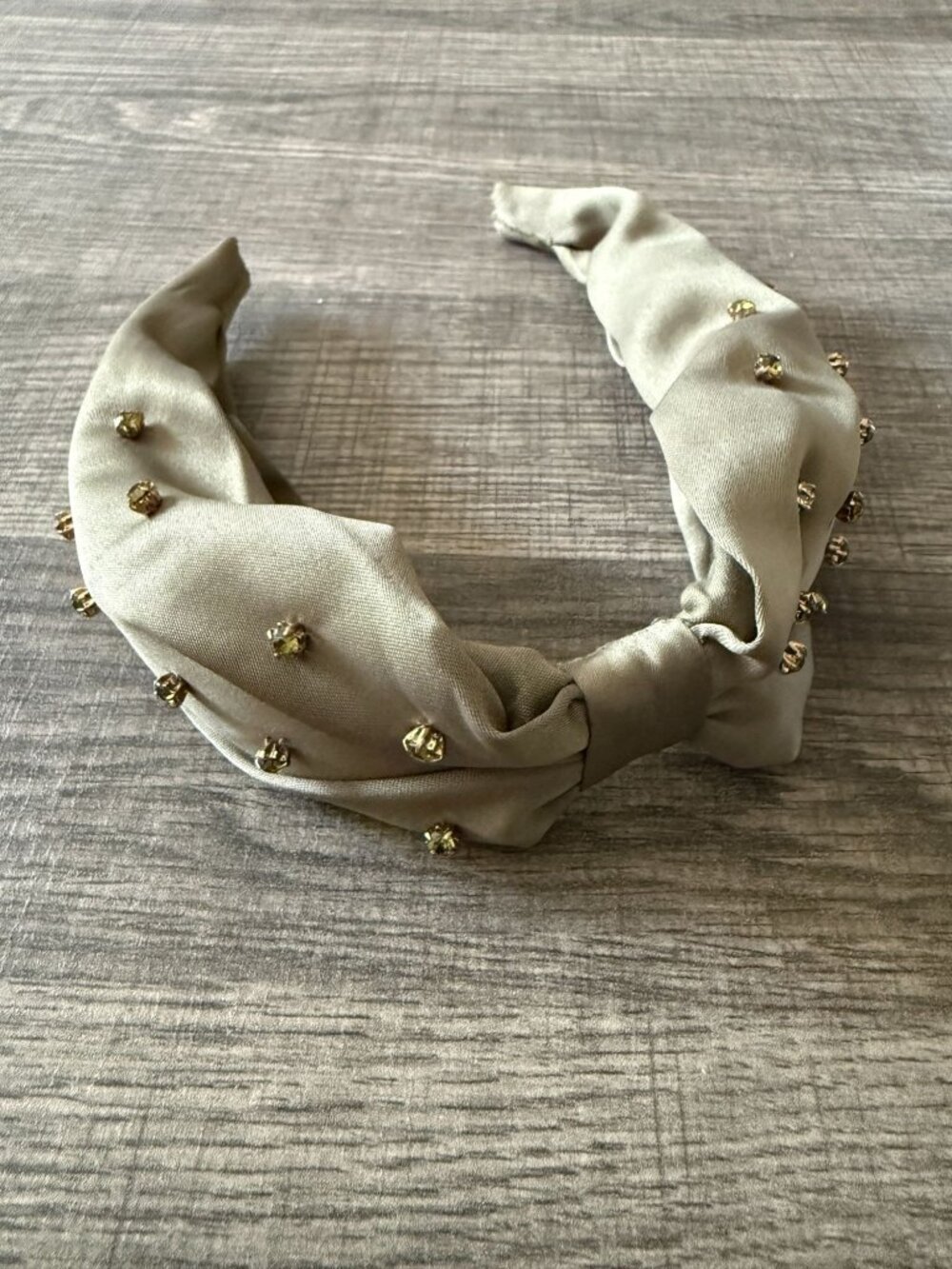 NWOT J. Crew Olive Green Taupe Beaded Rhinestones Knot Headband Satin Finish